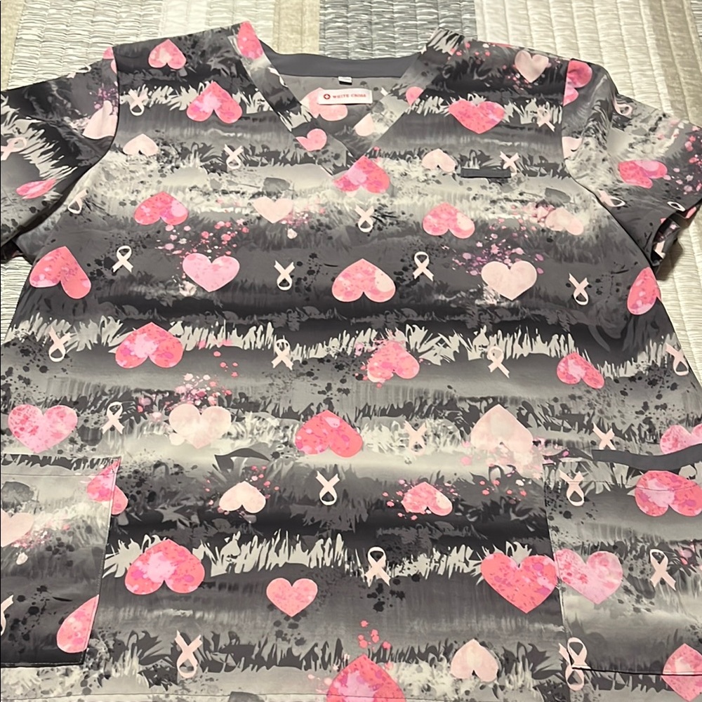 White Cross Pink Heart Scrub Top